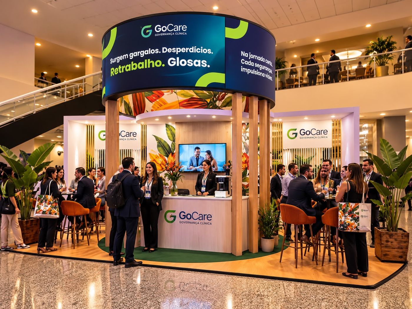 Estande da GoCare no Congresso UNIDAS, com painel circular e público