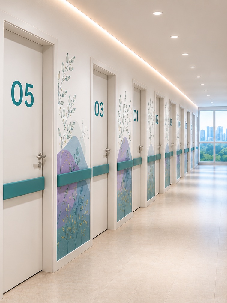 Projeto do corredor dos quartos, com numeração grande nas portas e ilustrações nas paredes