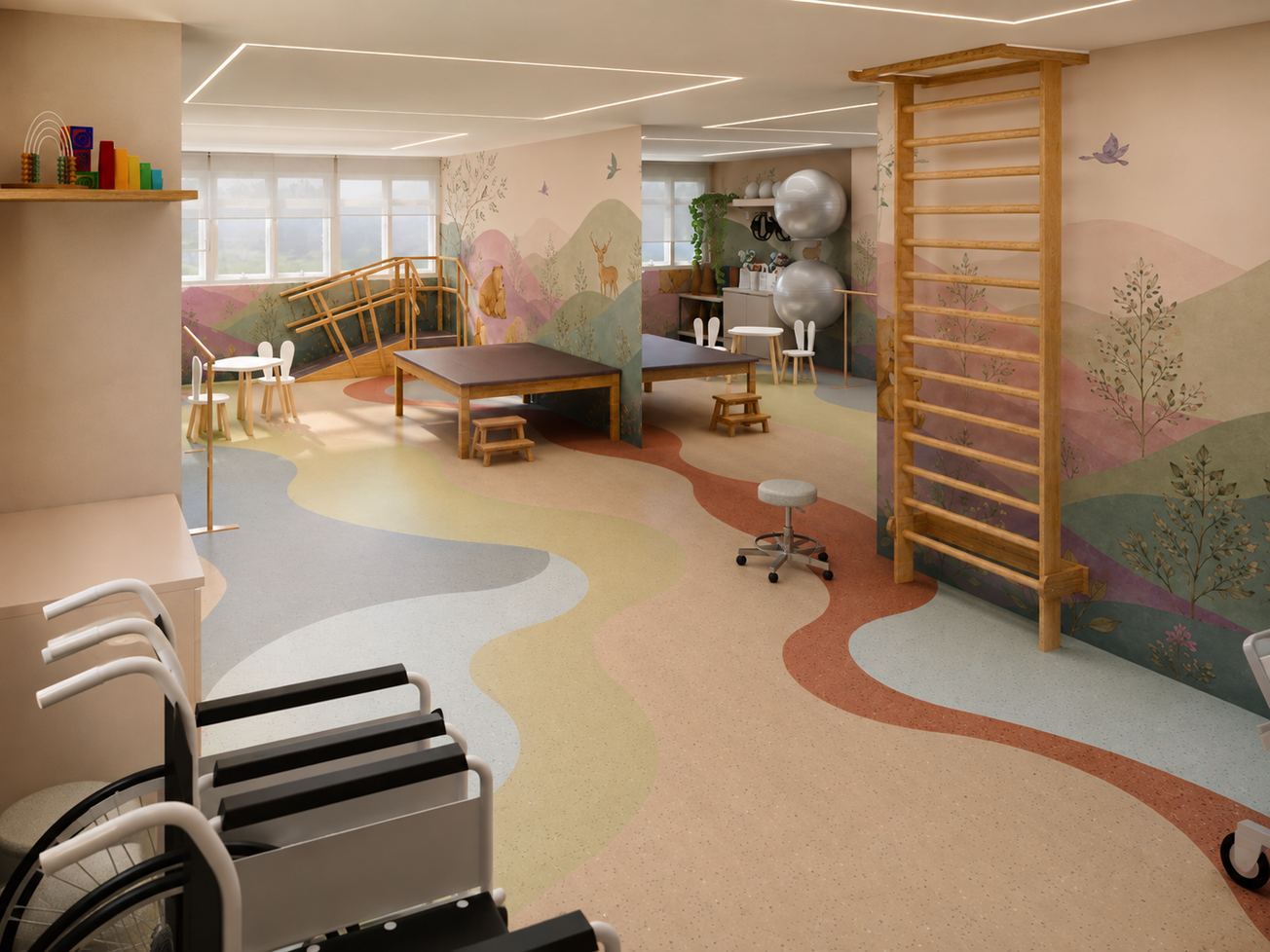 Projeto da sala de fisioterapia, com tablado, espaldar, bolas e piso com caminhos coloridos