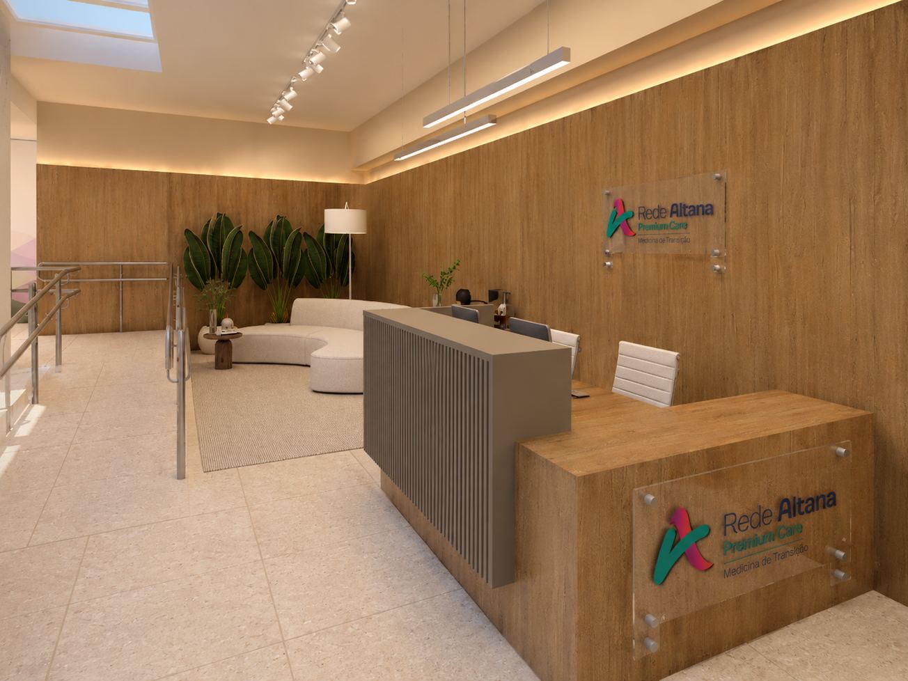 Projeto do balcão de recepção com a marca Rede Altana